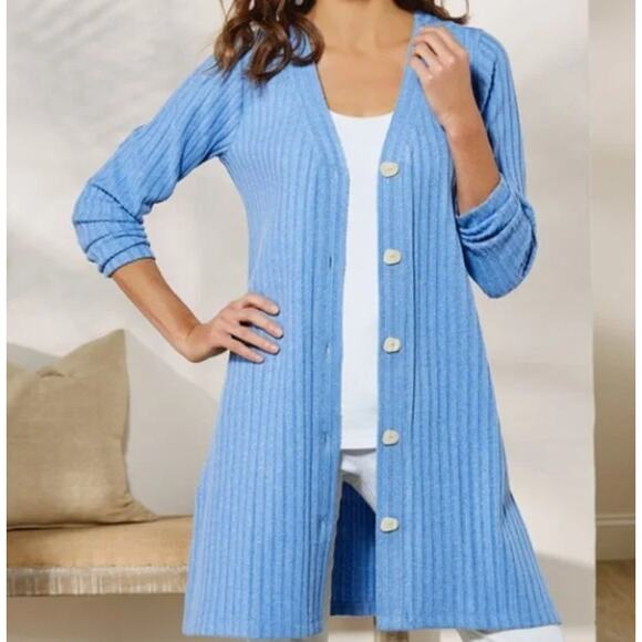 Soft Surroundings Marcelina Duster Button Cardigan Blue Statement Button L - Picture 1 of 12